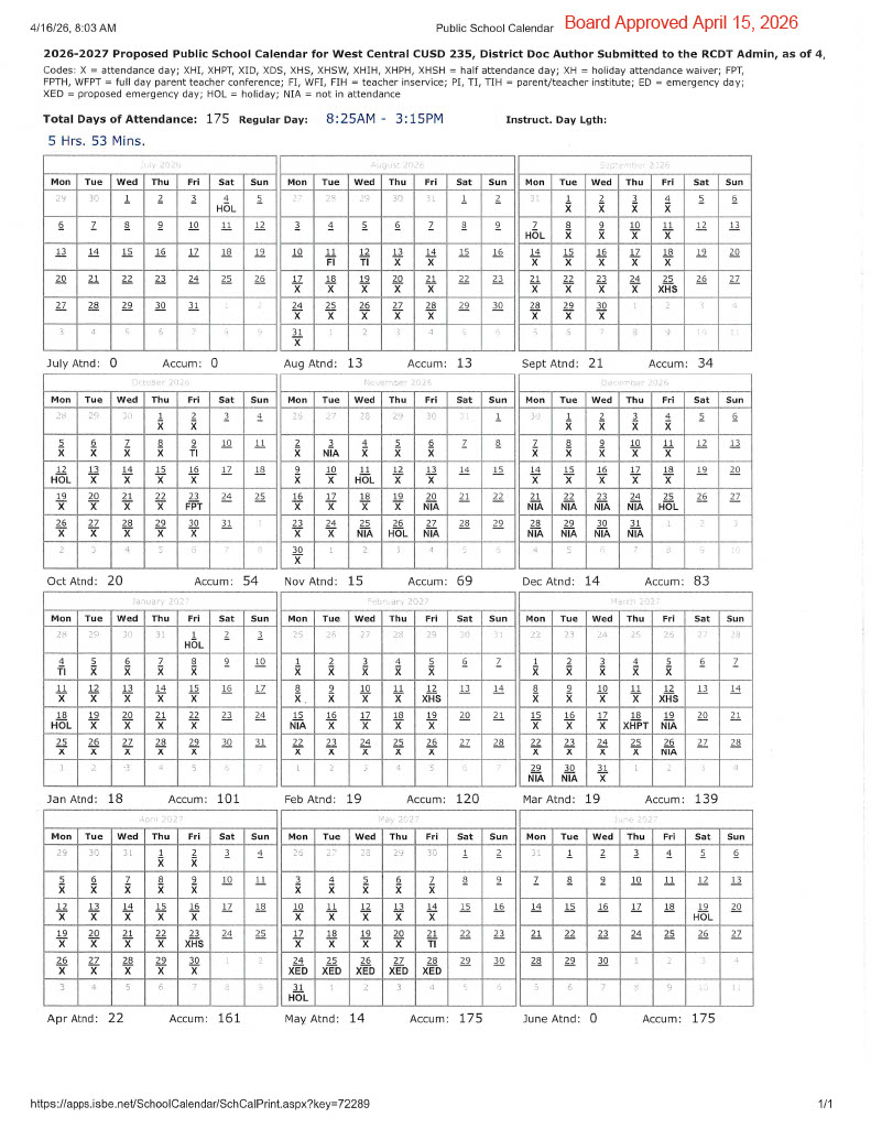 2026-2027 West Central District #235 School Year Calendar